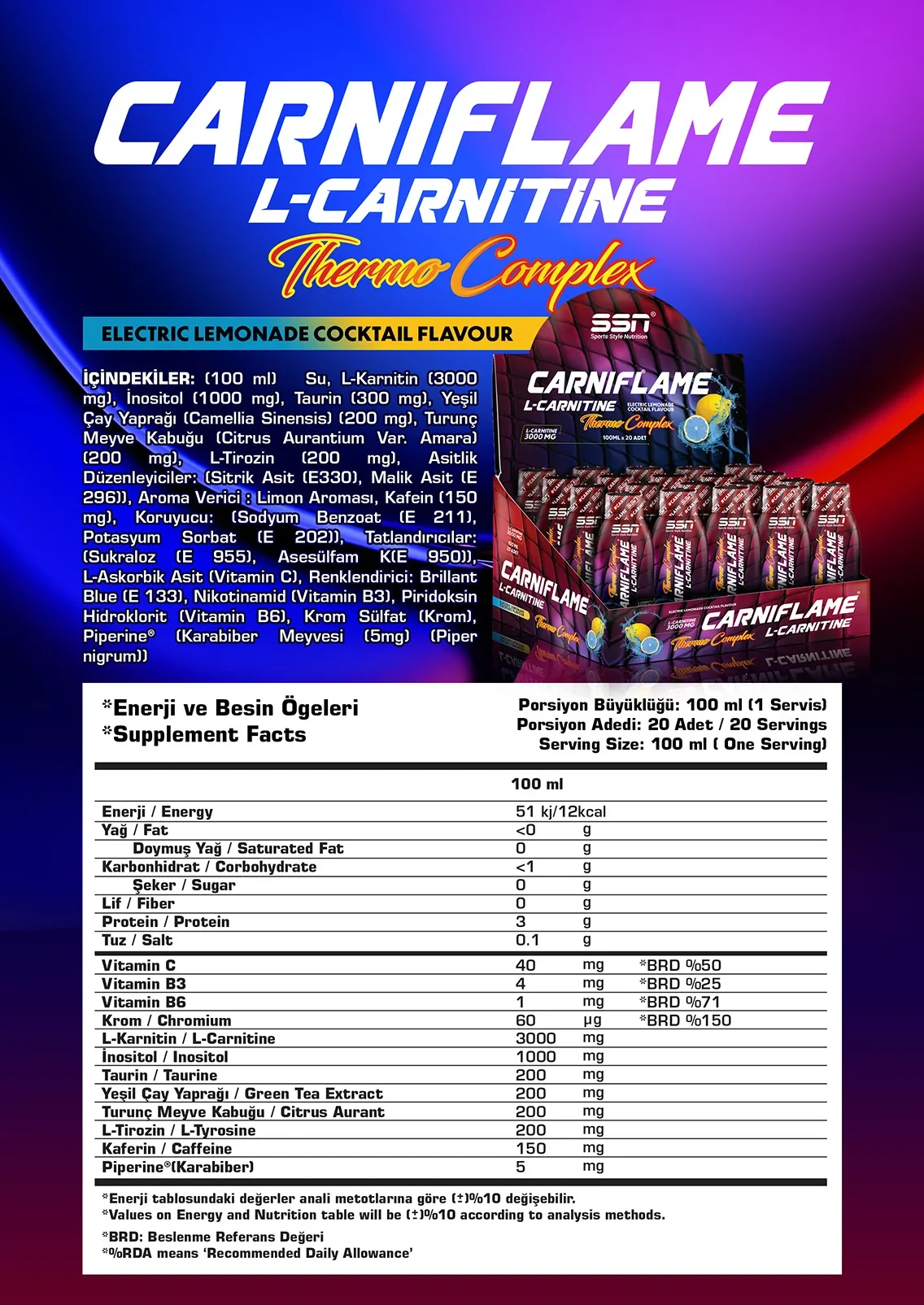 SSN SPORTS STYLE NUTRITION CARNIFLAME 3000 MG 20 SHOT (ELEKTRIK LİMON) L KARNITIN