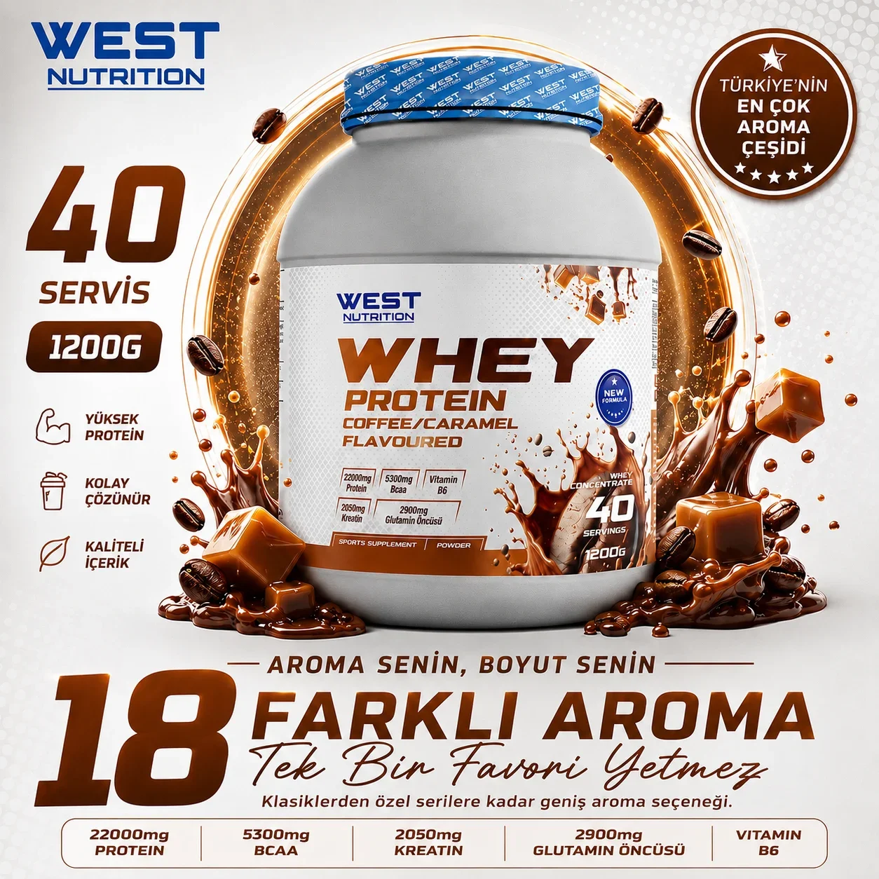 WHEY PROTEIN TOZU KARAMEL KAHVELI 1200 GRAM 40 SERVIS