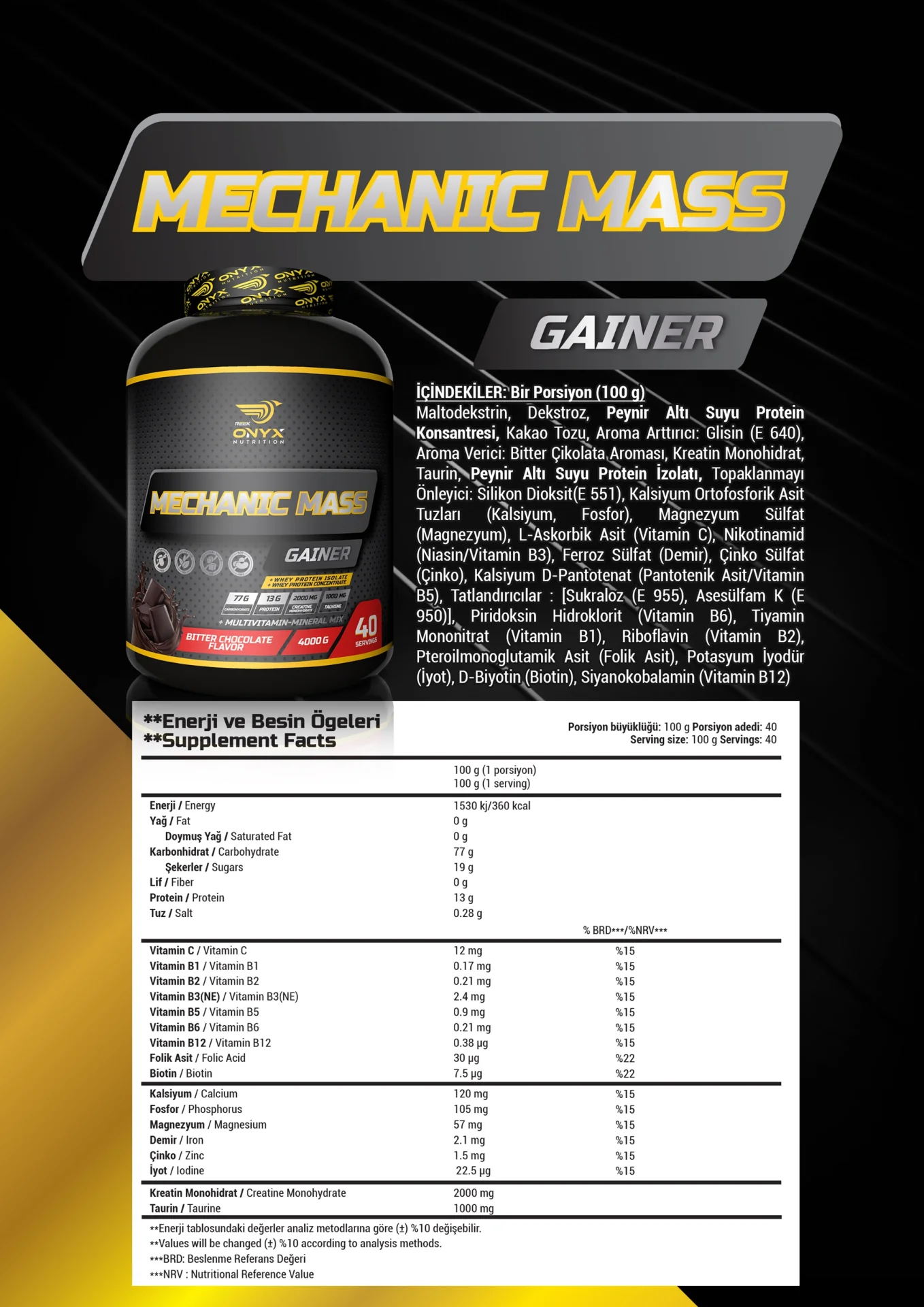 ONYX MECHANIC MASS GAINER KARBONHIDRAT 4000 GR ÇIKOLATA | ONYX NUTRITION