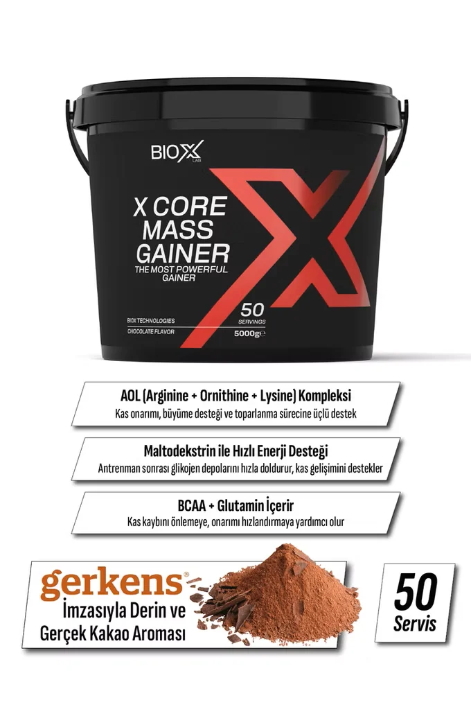 BIOXLAB X-CORE MASS GAINER ÇİKOLATA AROMALI 5000 GR 50 SERVIS KARBONHIDRAT TOZU - GAINER - HACIM